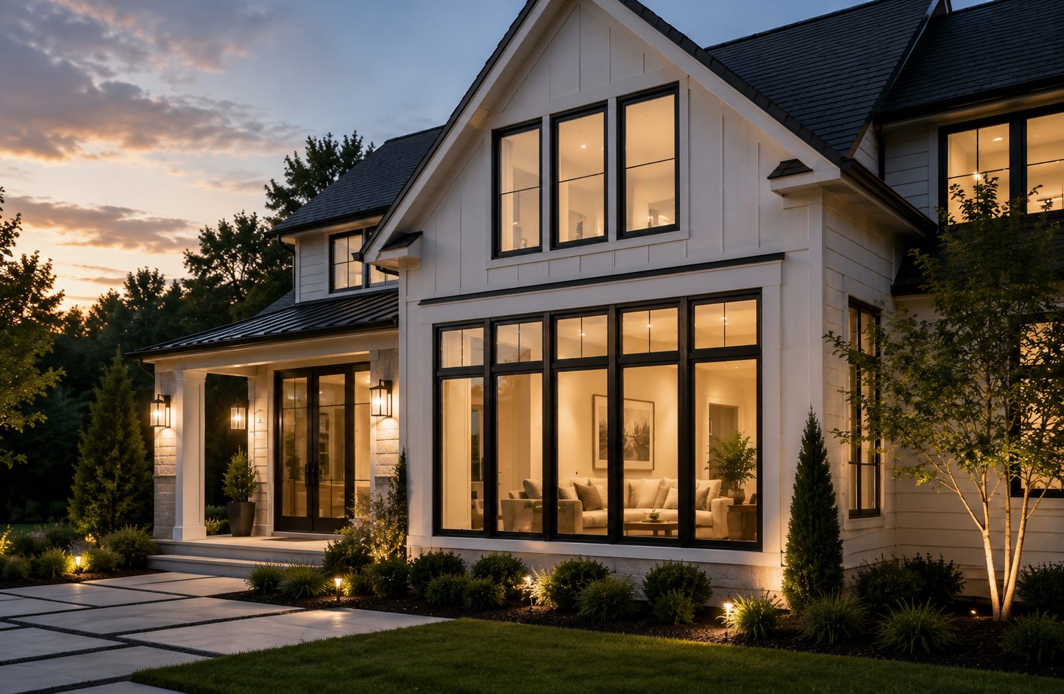 Modern home at dusk with large black-framed windows lit from inside